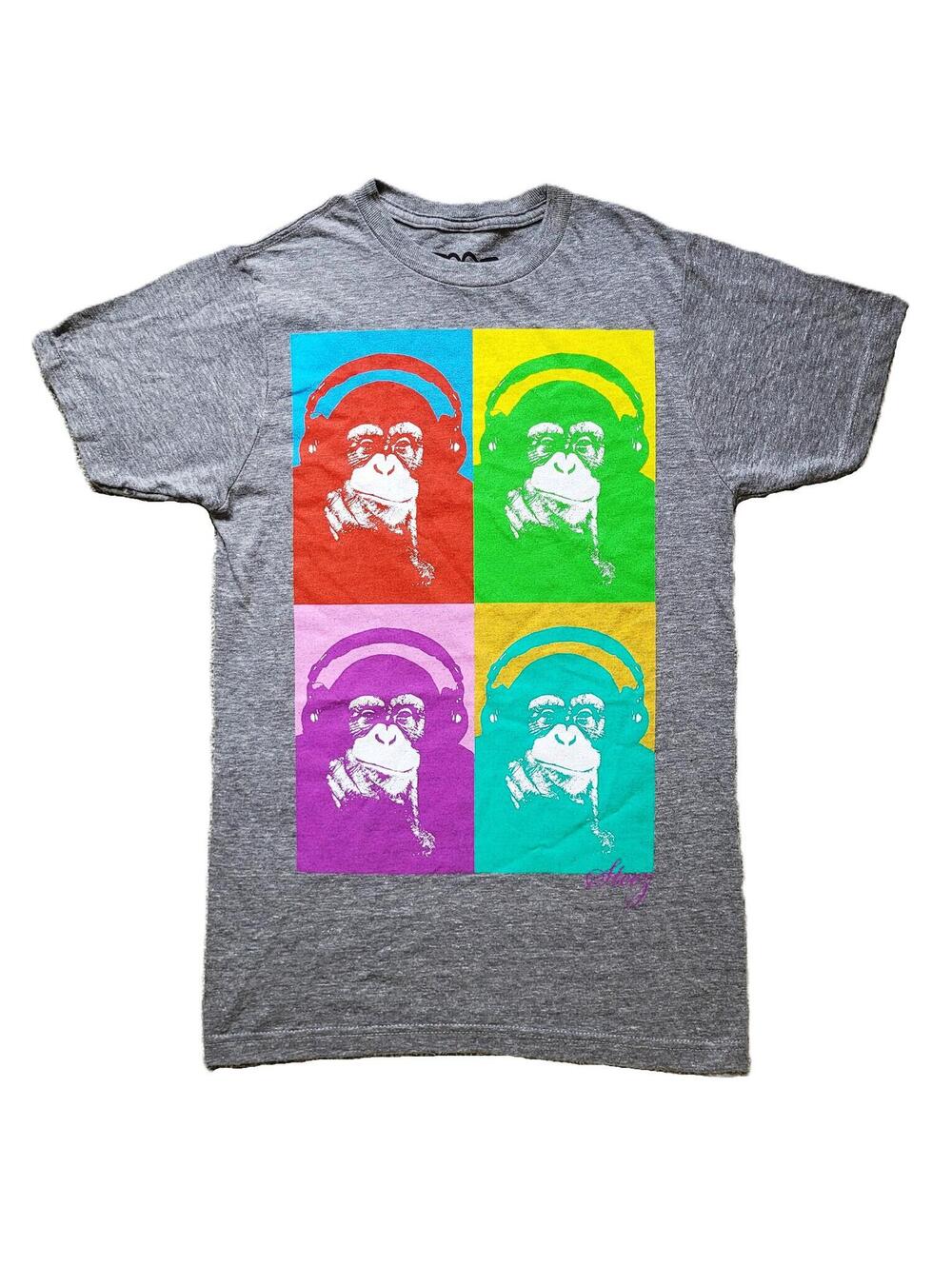 Steez Monkey Headphones Graphic T-Shirt Men's Gray Pop Art - NEW